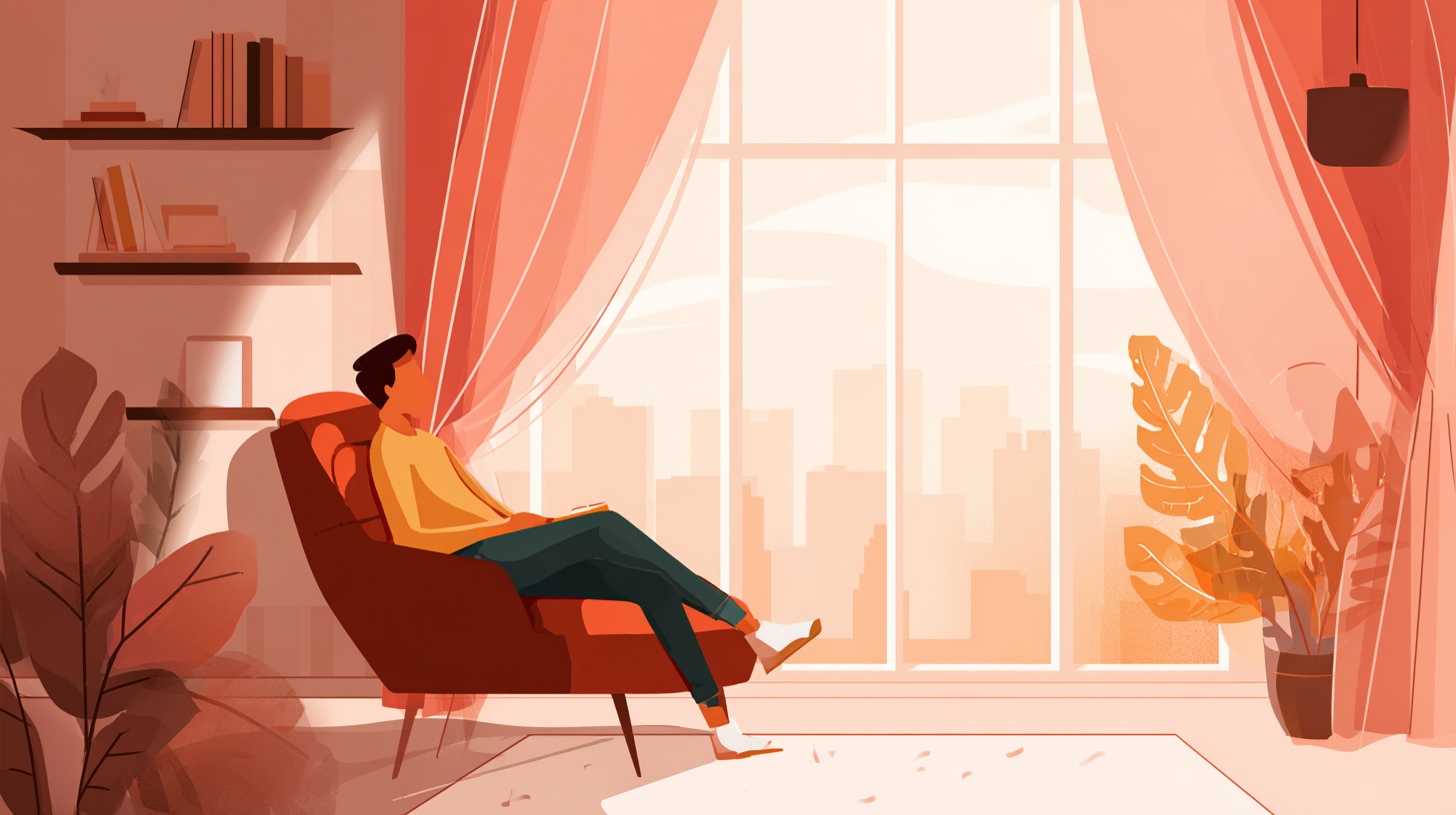 Person relaxing at home with curtains representing privacy