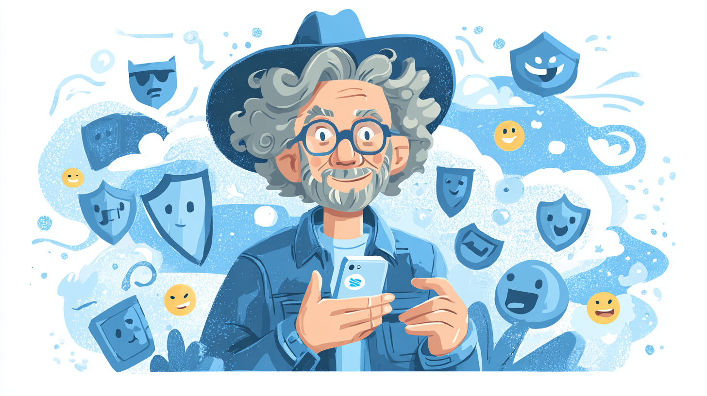 Character holding smartphone with Signal app